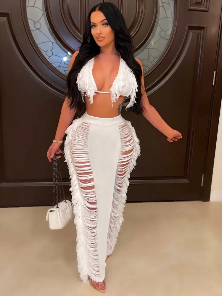JRRY Sexy Women Knitted Set Halter Backless Crop Top Tassel Skirt Crochet Two Pieces Set Hollow Out Crocheted Beach Dress Set - Image 3