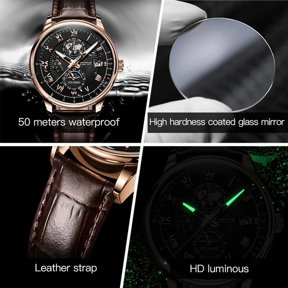 JSDUN Men's Mechanical Watch Luminous Leather Strap Waterproof Man Watch Top Brand Luxury Business Watch For Men Moonswatch 8909 - Image 9