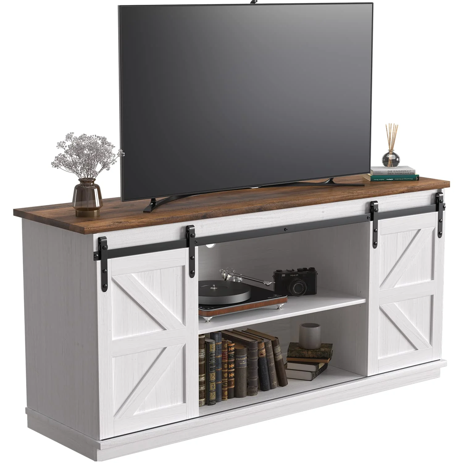 JUMMICO Farmhouse TV Stand up to 65 Inches, Mid Century Modern Entertainment Center with Sliding Barn Doors and Storage Cabinets, Metal Media TV Console Table for Living Room (Bright White) - Image 2