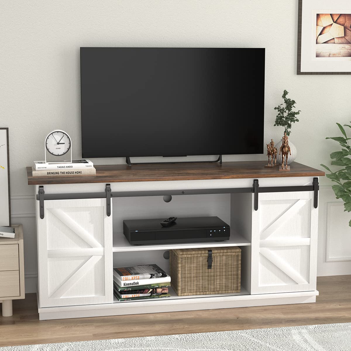 JUMMICO Farmhouse TV Stand up to 65 Inches, Mid Century Modern Entertainment Center with Sliding Barn Doors and Storage Cabinets, Metal Media TV Console Table for Living Room (Bright White) - Image 3