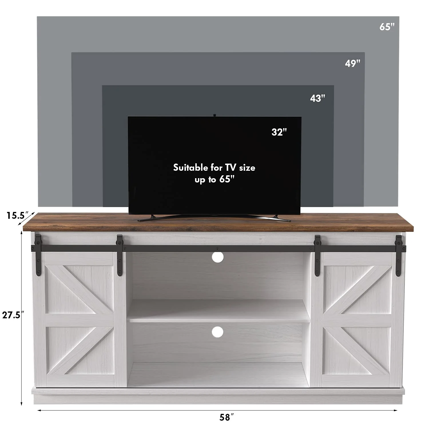 JUMMICO Farmhouse TV Stand up to 65 Inches, Mid Century Modern Entertainment Center with Sliding Barn Doors and Storage Cabinets, Metal Media TV Console Table for Living Room (Bright White) - Image 6