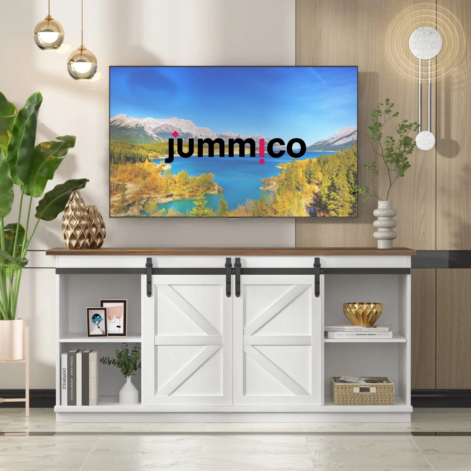 JUMMICO Farmhouse TV Stand up to 65 Inches, Mid Century Modern Entertainment Center with Sliding Barn Doors and Storage Cabinets, Metal Media TV Console Table for Living Room (Bright White) - Image 8