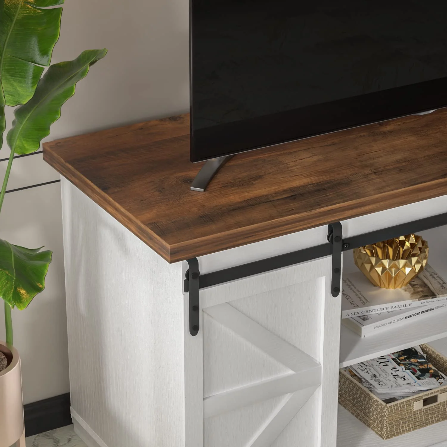 JUMMICO Farmhouse TV Stand up to 65 Inches, Mid Century Modern Entertainment Center with Sliding Barn Doors and Storage Cabinets, Metal Media TV Console Table for Living Room (Bright White) - Image 9
