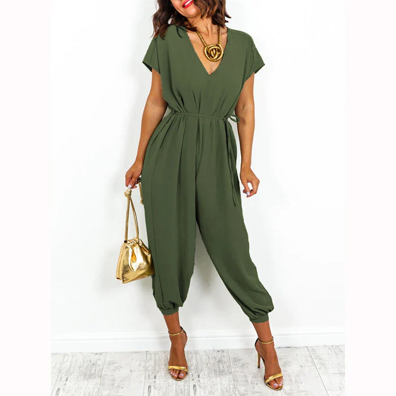 Jumpsuit For Women Lace Up Higt Waist Solid Color V-Neck Short Sleeve Femme Clothes Elegant Temperament Office Causal Jumpsuit - Image 11