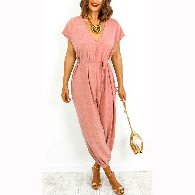 Jumpsuit For Women Lace Up Higt Waist Solid Color V-Neck Short Sleeve Femme Clothes Elegant Temperament Office Causal Jumpsuit - Image 12