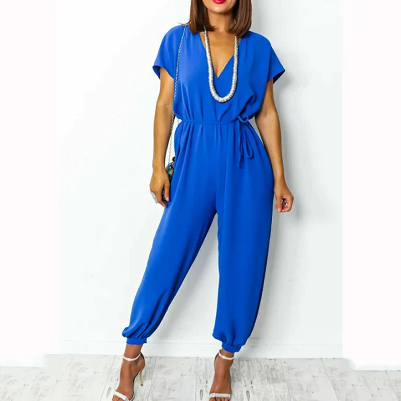 Jumpsuit For Women Lace Up Higt Waist Solid Color V-Neck Short Sleeve Femme Clothes Elegant Temperament Office Causal Jumpsuit - Image 15