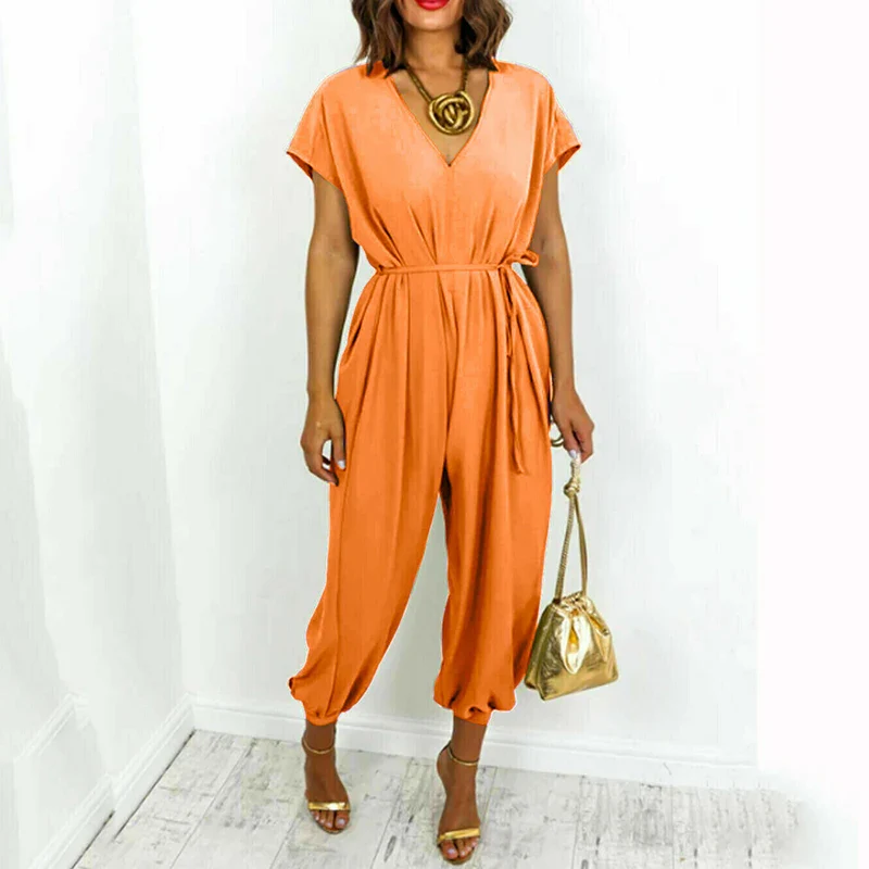 Jumpsuit For Women Lace Up Higt Waist Solid Color V-Neck Short Sleeve Femme Clothes Elegant Temperament Office Causal Jumpsuit - Image 17