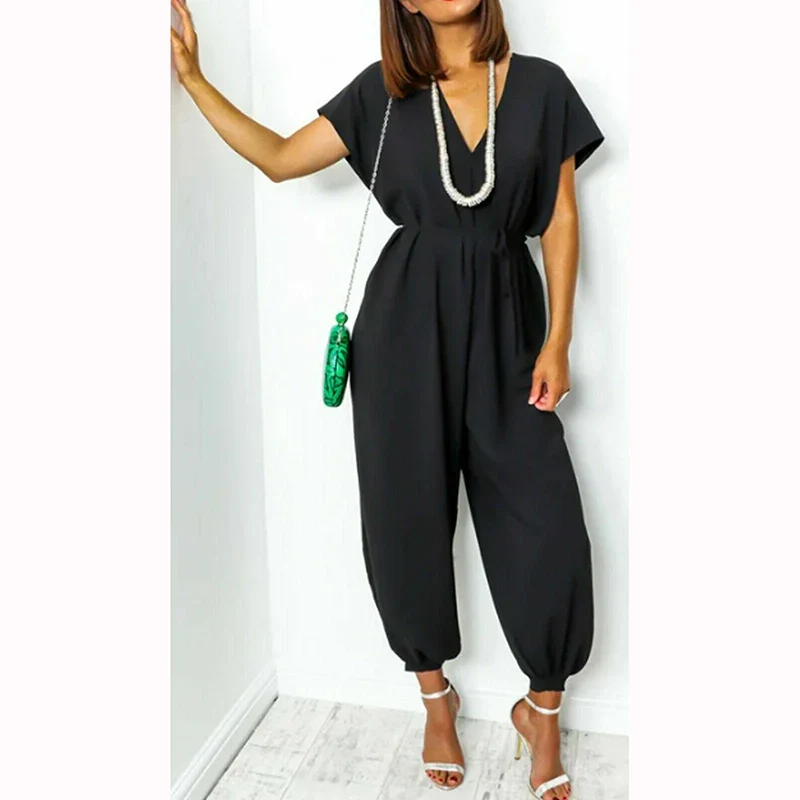 Jumpsuit For Women Lace Up Higt Waist Solid Color V-Neck Short Sleeve Femme Clothes Elegant Temperament Office Causal Jumpsuit - Image 7