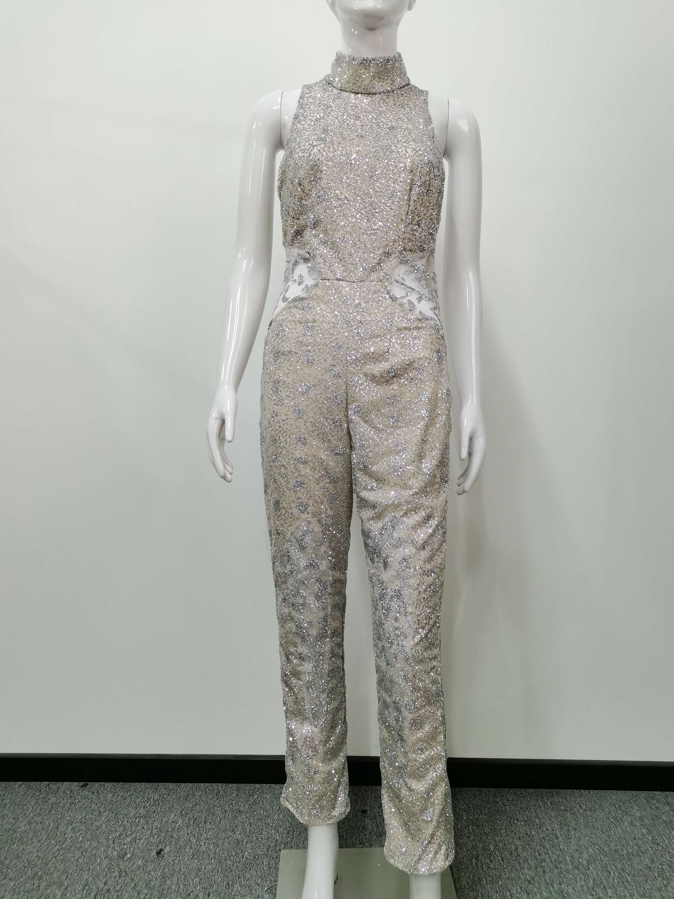 Jumpsuit Sexy Slim Women's Shiny Sleeveless Casual Sequins Straight Party Mesh Female Long Jumpsuits Lugentolo - Image 2