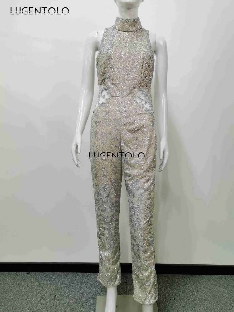 Jumpsuit Sexy Slim Women's Shiny Sleeveless Casual Sequins Straight Party Mesh Female Long Jumpsuits Lugentolo - Image 3