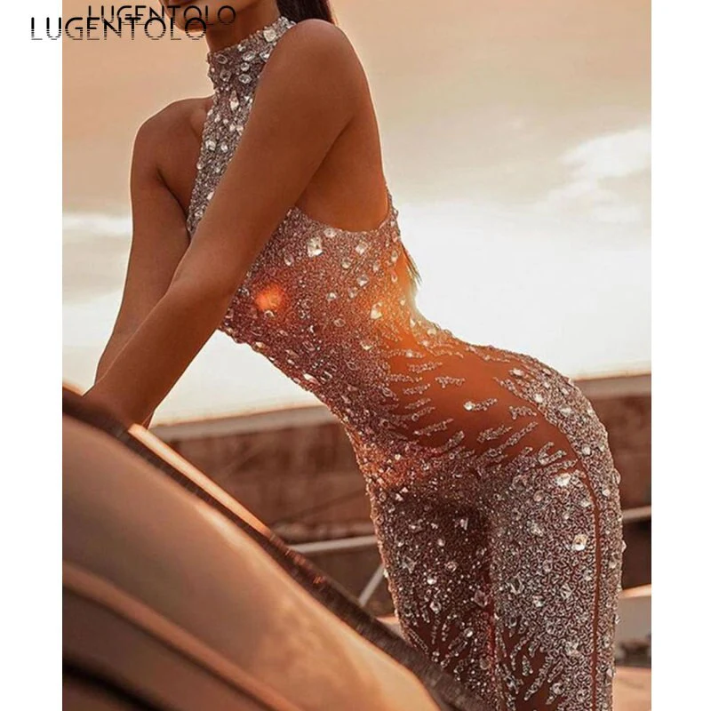 Jumpsuit Sexy Slim Women's Shiny Sleeveless Casual Sequins Straight Party Mesh Female Long Jumpsuits Lugentolo - Image 5