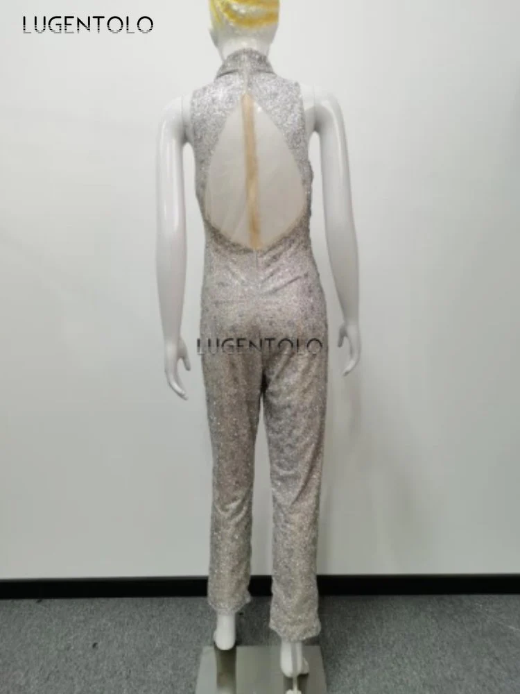Jumpsuit Sexy Slim Women's Shiny Sleeveless Casual Sequins Straight Party Mesh Female Long Jumpsuits Lugentolo - Image 6