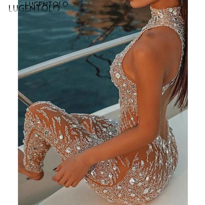 Jumpsuit Sexy Slim Women's Shiny Sleeveless Casual Sequins Straight Party Mesh Female Long Jumpsuits Lugentolo - Image 7