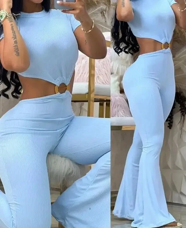 Jumpsuit Women 2023 Summer Fashion O-Ring Decor Cutout Backless Short Sleeve Casual Plain O-Neck Skinny Daily Long Jumpsuit - Image 2