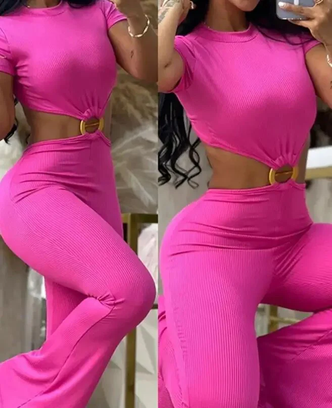 Jumpsuit Women 2023 Summer Fashion O-Ring Decor Cutout Backless Short Sleeve Casual Plain O-Neck Skinny Daily Long Jumpsuit - Image 4