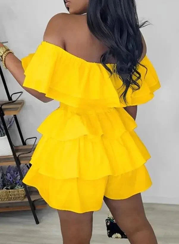 Jumpsuit Women 2023 Summer Fashion Off Shoulder Layered Ruffles Casual Plain Short Sleeve Daily Above Knee Romper Streetwear - Image 2