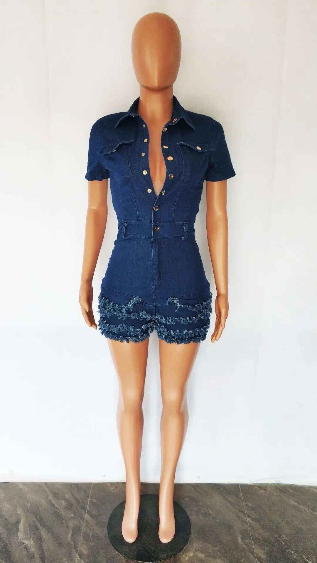 Jumpsuit Women 2023 Summer Fashion Ruffled Fringed Raw Edge Casual Turn-Down Colla Short Sleeved Pocket Design Denim Jumpsuit - Image 4