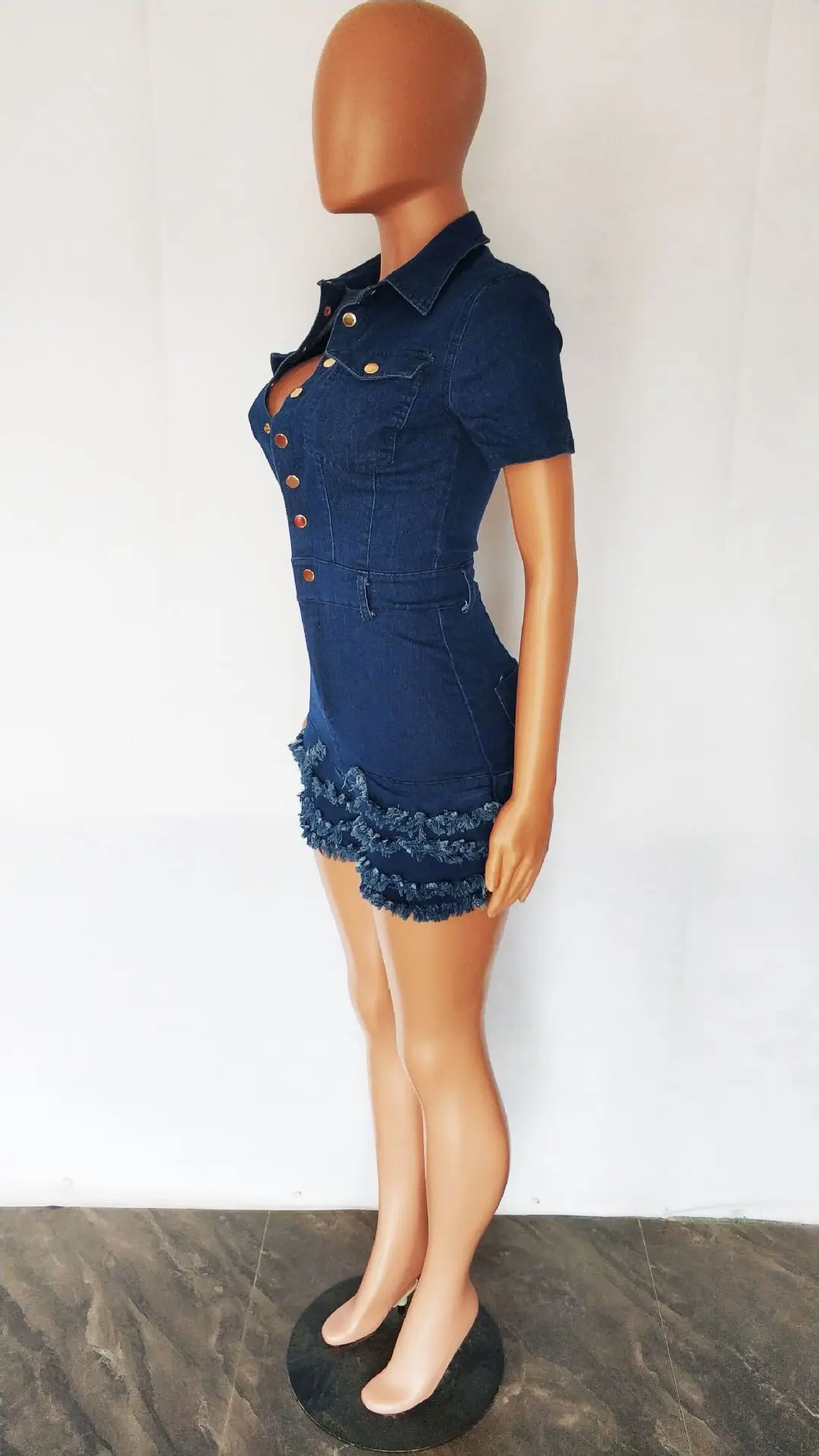 Jumpsuit Women 2023 Summer Fashion Ruffled Fringed Raw Edge Casual Turn-Down Colla Short Sleeved Pocket Design Denim Jumpsuit - Image 5