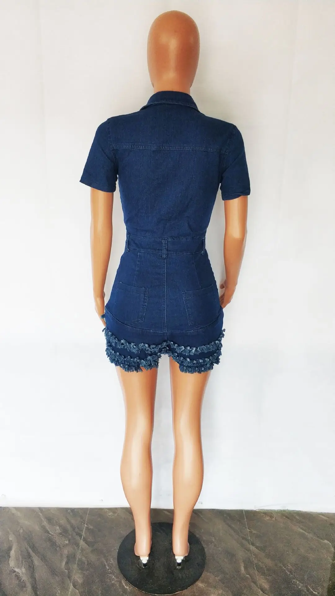 Jumpsuit Women 2023 Summer Fashion Ruffled Fringed Raw Edge Casual Turn-Down Colla Short Sleeved Pocket Design Denim Jumpsuit - Image 6