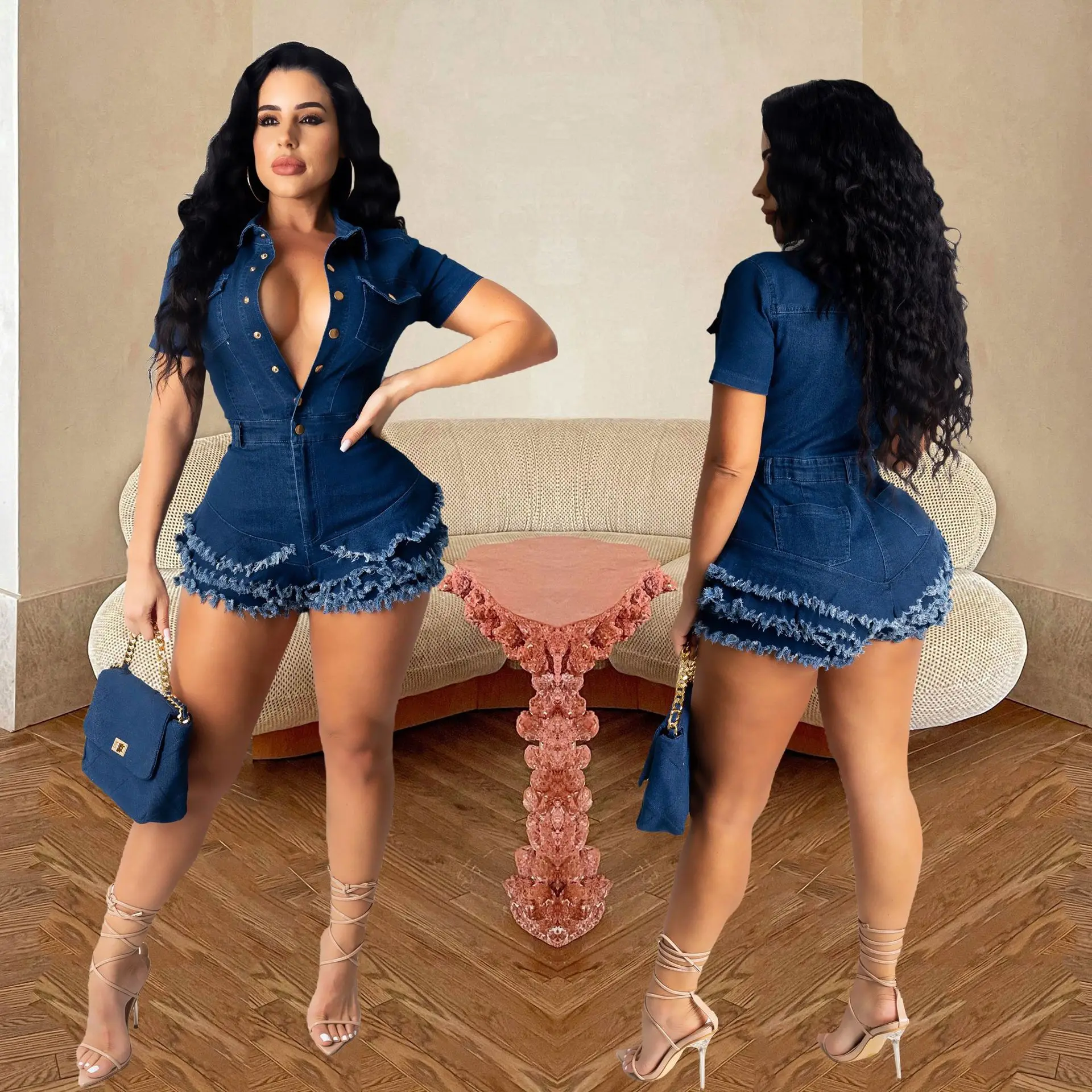 Jumpsuit Women 2023 Summer Fashion Ruffled Fringed Raw Edge Casual Turn-Down Colla Short Sleeved Pocket Design Denim Jumpsuit - Image 7