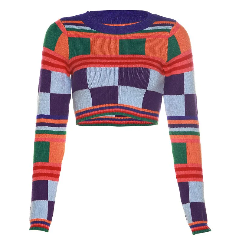 JusaHy Women Autumn New Strip Colorful Printed Wool Knitting Two Pieces Sets Crew Neck Long Sleeve Short Sweater&Straight Pants - Image 2