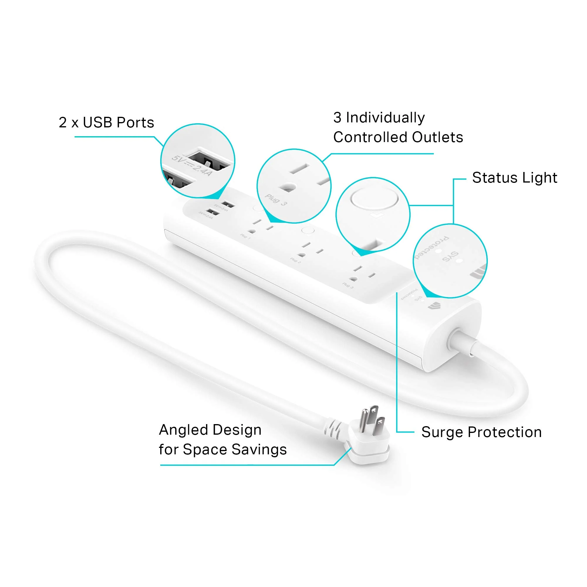 Kasa Smart Plug Power Strip KP303, Surge Protector with 3 Individually Controlled Smart Outlets and 2 USB Ports, Works with Alexa & Google Home, No Hub Required , White - Image 8