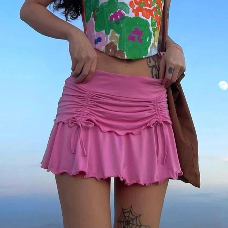 Kawaii Low Waist Mini Skirt y2k Aesthetic Drawstring Slim Fit Pleated Ruffles Irregular Hem Short Skirt Women E-girl Streetwear - Image 2
