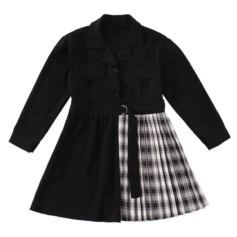Kids Blazer Dress 2023 Girl Formal Black Blazer Dress Suit Jacket Female Fashion Children's Stitching Plaid Blazer Party Costume - Image 2