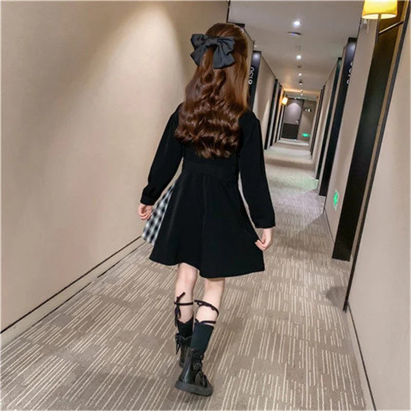 Kids Blazer Dress 2023 Girl Formal Black Blazer Dress Suit Jacket Female Fashion Children's Stitching Plaid Blazer Party Costume - Image 3