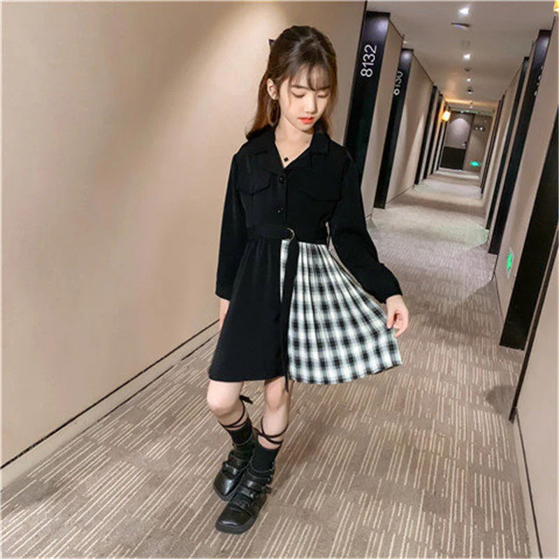 Kids Blazer Dress 2023 Girl Formal Black Blazer Dress Suit Jacket Female Fashion Children's Stitching Plaid Blazer Party Costume - Image 4