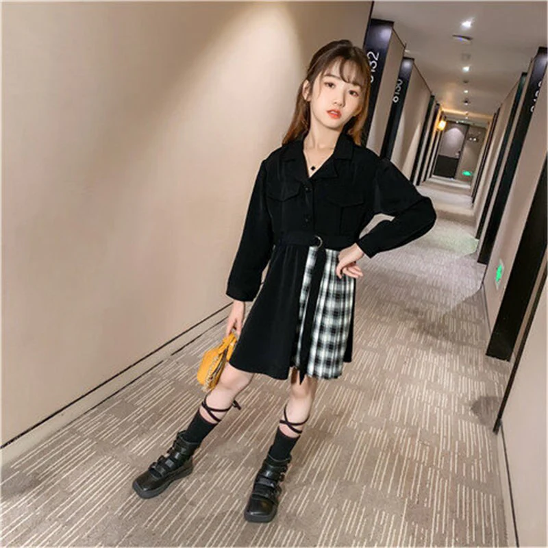 Kids Blazer Dress 2023 Girl Formal Black Blazer Dress Suit Jacket Female Fashion Children's Stitching Plaid Blazer Party Costume - Image 7