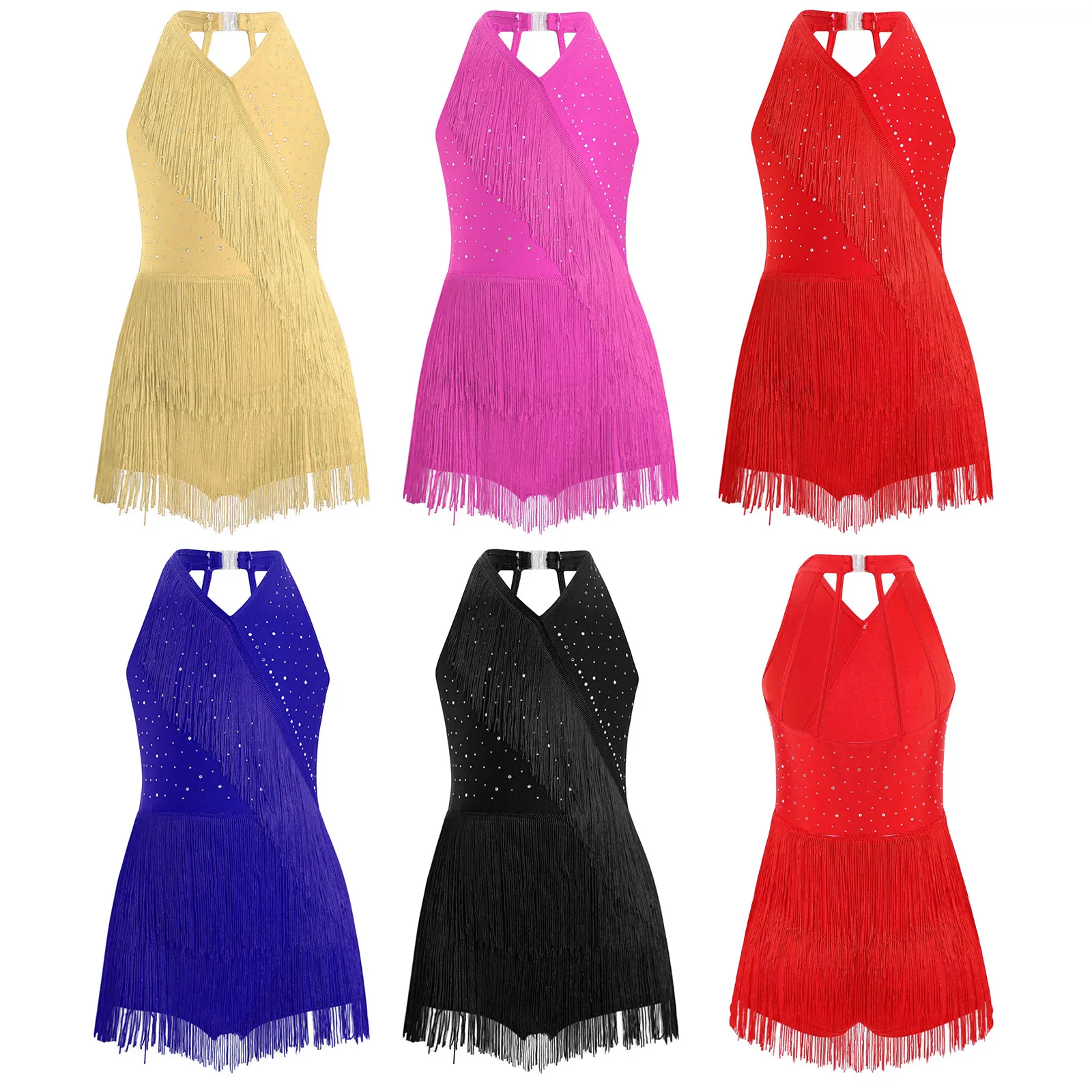Kids Girls Latin Dance Cha-cha Samba Salsa Costume Rhinestones Fringe Leotard Dress Sleeveless Strappy Back Tassel Jumpsuit - Image 4
