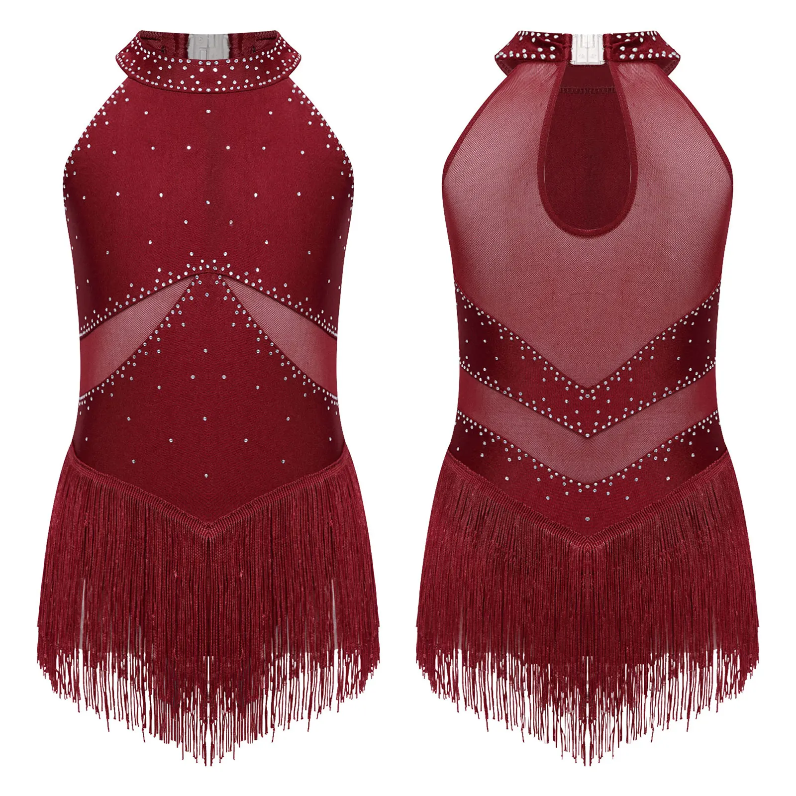Kids Girls Sleeveless Fringed Bodysuit Moden Latin Jazz Dance Leotard Dress Rhinestones Gymnastics Skating Performance Costumes - Image 20
