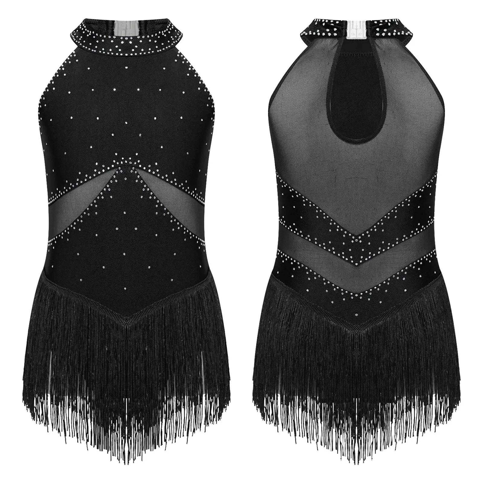 Kids Girls Sleeveless Fringed Bodysuit Moden Latin Jazz Dance Leotard Dress Rhinestones Gymnastics Skating Performance Costumes - Image 21