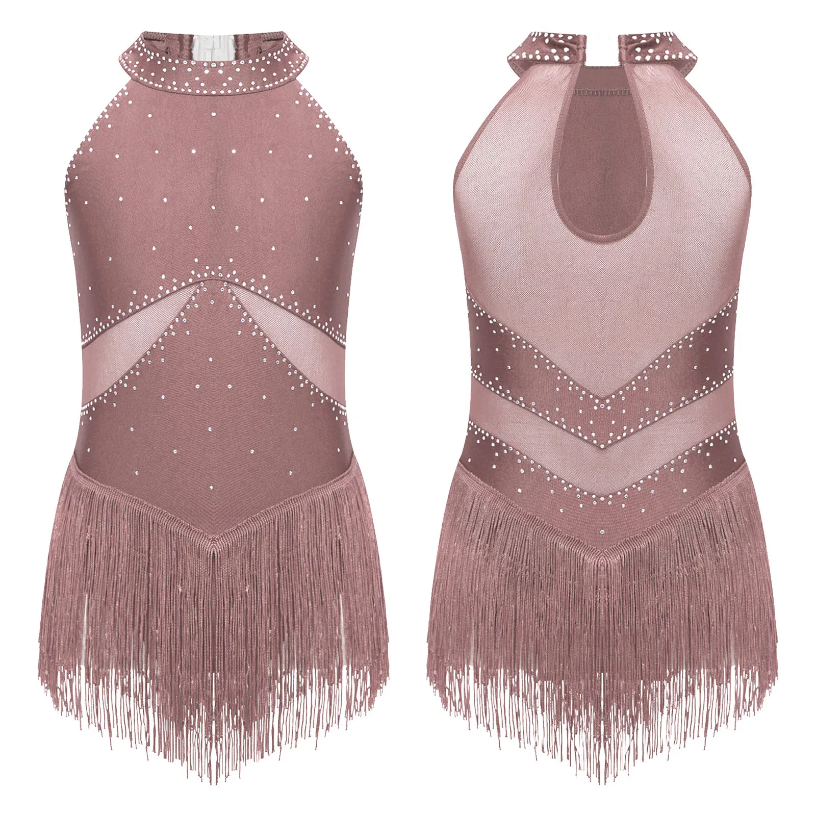 Kids Girls Sleeveless Fringed Bodysuit Moden Latin Jazz Dance Leotard Dress Rhinestones Gymnastics Skating Performance Costumes - Image 25