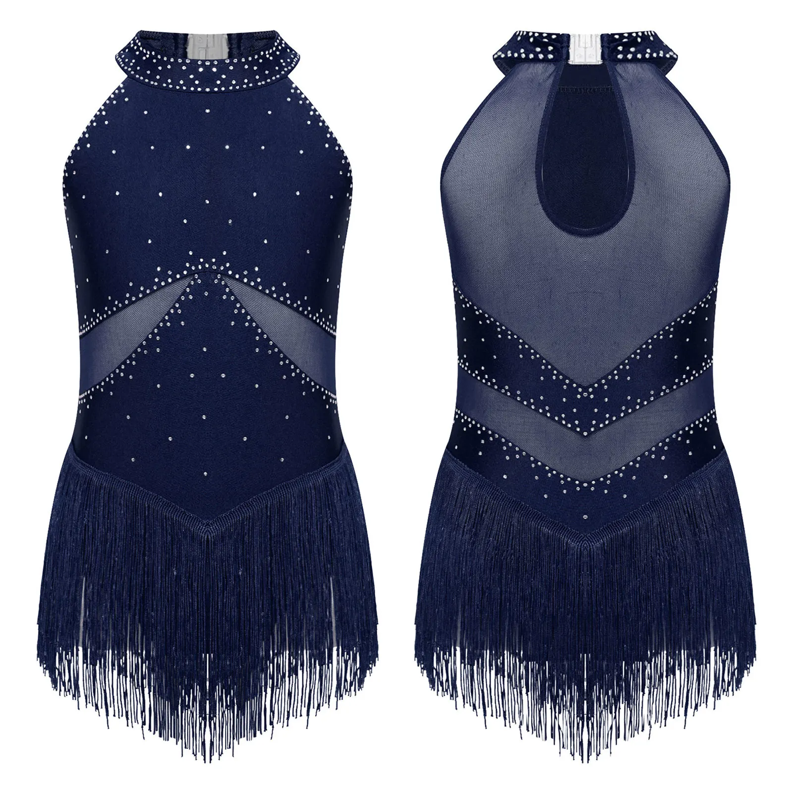 Kids Girls Sleeveless Fringed Bodysuit Moden Latin Jazz Dance Leotard Dress Rhinestones Gymnastics Skating Performance Costumes - Image 7