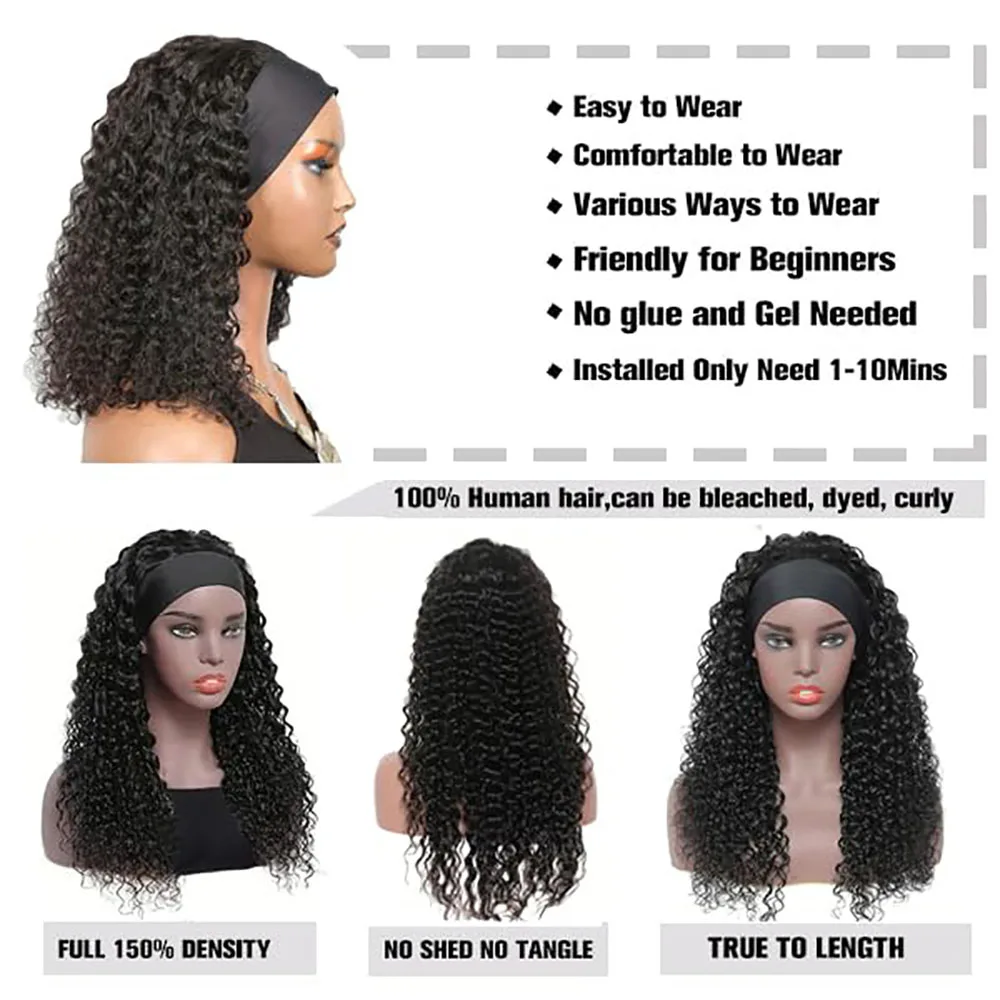 Kinky Curly Headband Human Hair Wig Glueless Wear and Go Headband Wig Human Hair Wig Deep Curly Human Hair Wig for Black Women - Image 2