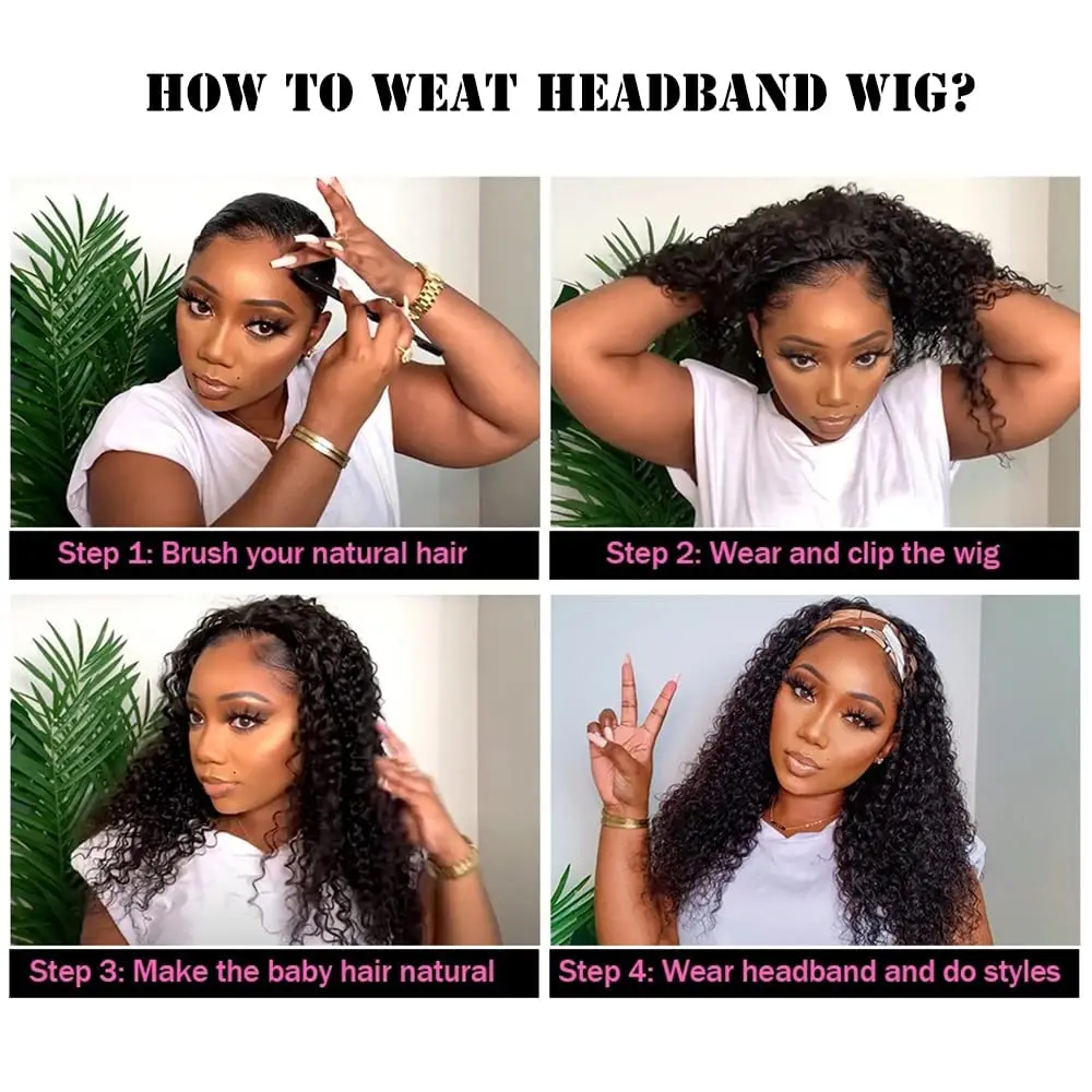 Kinky Curly Headband Human Hair Wig Glueless Wear and Go Headband Wig Human Hair Wig Deep Curly Human Hair Wig for Black Women - Image 4