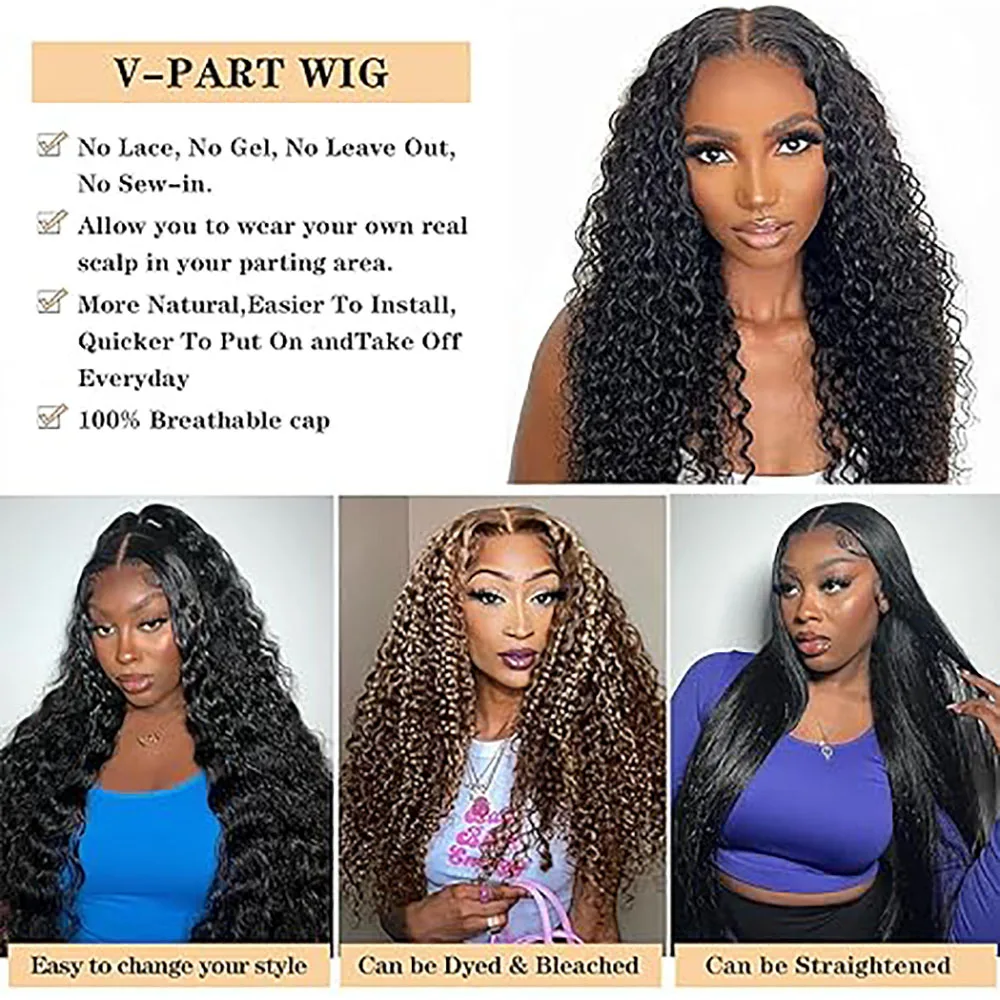 Kinky Curly U Part Human Hair Wig V Part Human Hair Wig No Leave Out No Glue Machine Made Deep Curly Human Hair Wig for Women - Image 5