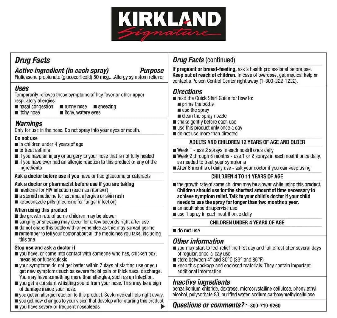 KIRKLAND SIGNATURE Aller-Flo Fluticasone Propionate (Glucorticoid) 5 Bottles x 120 Metered Sprays 0.54 Fl OZ per Bottle (15.8 mL x 5) 2.70 OZ Total (79 mL Total) 600 Total Sprays Total, 1-Pack - Image 2