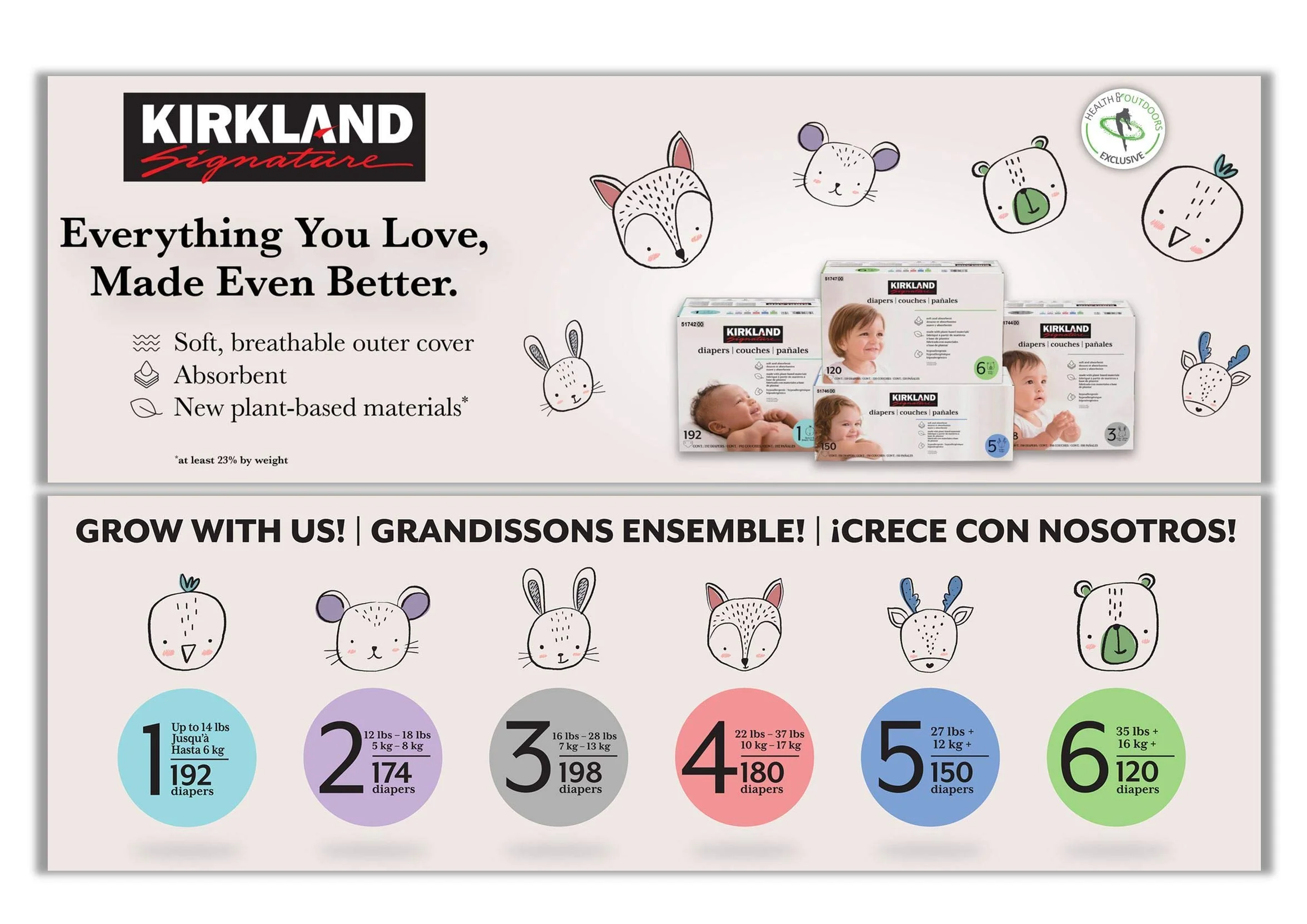 Kirkland Signature Diapers Size 2 (12lbs - 18 lbs) 174 Count W/ Exclusive Health and Outdoors Wipes - Image 3