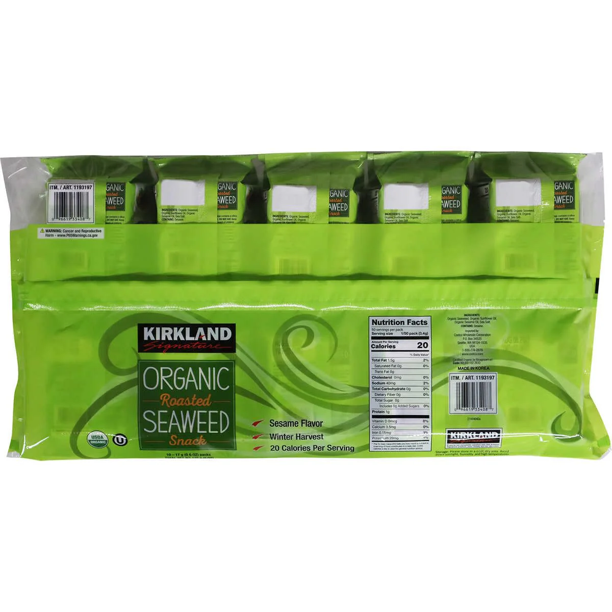 Kirkland Signature Organic Roasted Seaweed with Sesame Oil, 0.6 Ounce (10 Count) - Image 3