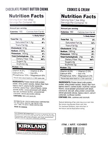 Kirkland Signature Protein Bar Variety Pack 20 Count Chocolate Peanut Butter Chunk & Cookies and Cream Gluten Free 21-22g of Protein 2g Sugar No Artificial Flavors Whey Protein Isolate - Image 2