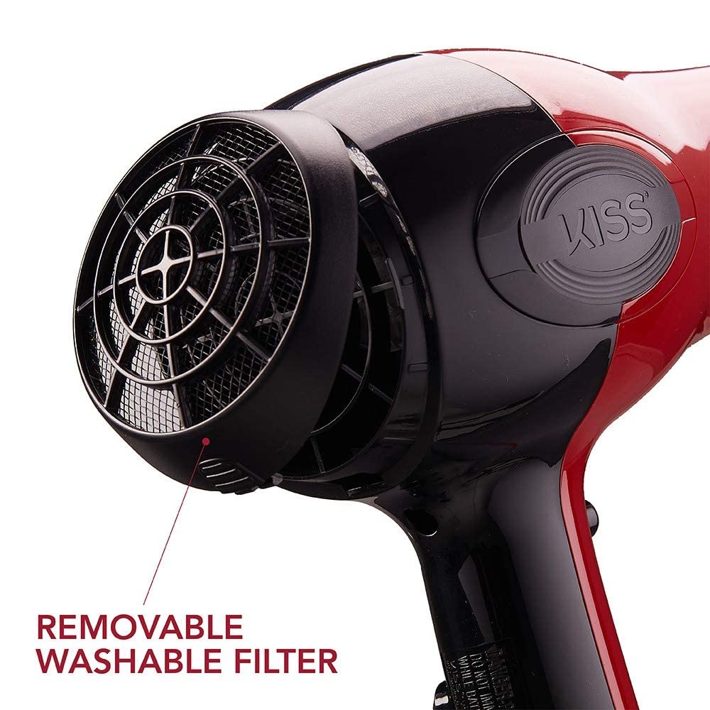 KISS 1875 Watt Pro Tourmaline Ceramic Hair Dryer, 3 Heat Settings, 2 Speed Slide Switch, Cool Shot Button, 2 Detangler Combs, 1 Concentrator, 1 Diffuser, Removable Filter Cap & 4 Sectioning Clips Red - Image 3