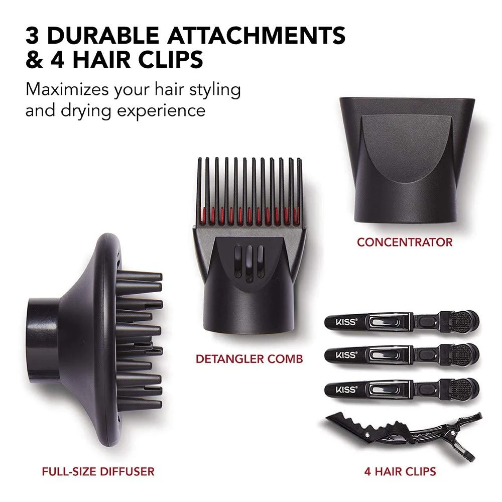 KISS 1875 Watt Pro Tourmaline Ceramic Hair Dryer, 3 Heat Settings, 2 Speed Slide Switch, Cool Shot Button, 2 Detangler Combs, 1 Concentrator, 1 Diffuser, Removable Filter Cap & 4 Sectioning Clips Red - Image 4