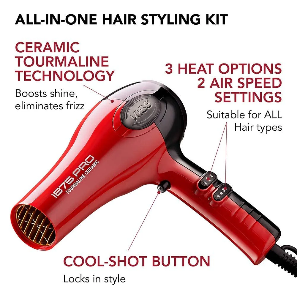 KISS 1875 Watt Pro Tourmaline Ceramic Hair Dryer, 3 Heat Settings, 2 Speed Slide Switch, Cool Shot Button, 2 Detangler Combs, 1 Concentrator, 1 Diffuser, Removable Filter Cap & 4 Sectioning Clips Red - Image 6