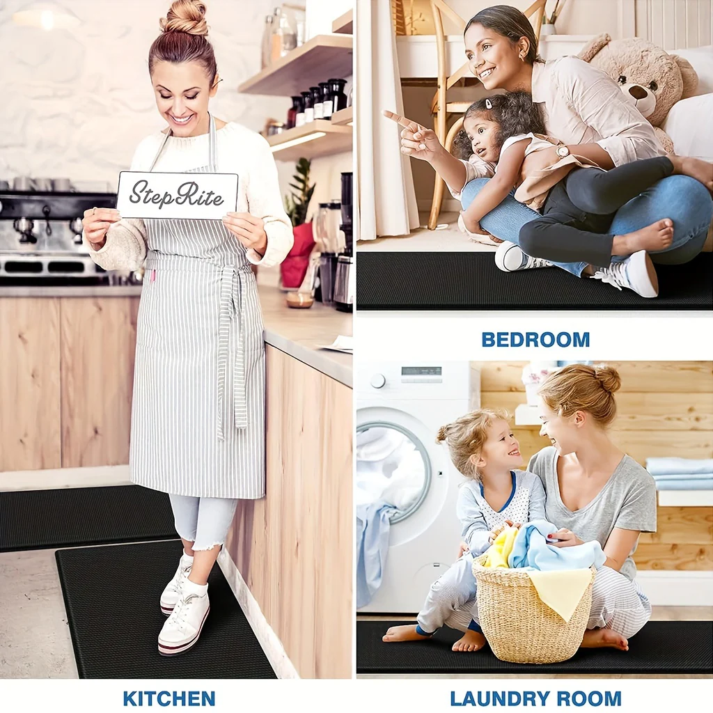 Kitchen Mat [2 PCS] Cushioned Anti-Fatigue Kitchen Rug, Waterproof Non-Slip Kitchen Mats and Rugs Heavy Duty PVC Ergonomic Comfort Foam Rug for Kitchen, Floor Home, Office, Sink, Laundry, black - Image 5