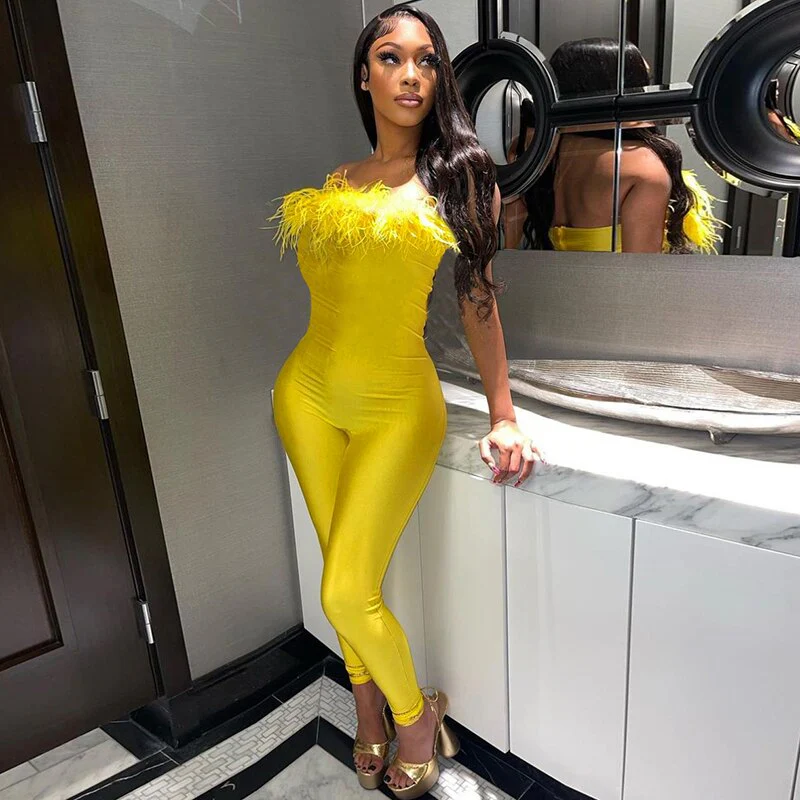 KLALIEN Fashion Wrapped Chest Jumpsuits Sexy Feathers Collar Sleeveless High Waist Body-Shaping Overall Partywear Female Outfit - Image 3