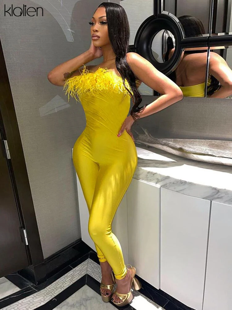 KLALIEN Fashion Wrapped Chest Jumpsuits Sexy Feathers Collar Sleeveless High Waist Body-Shaping Overall Partywear Female Outfit - Image 6