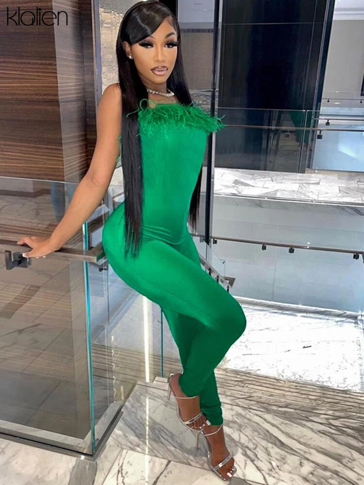 KLALIEN Fashion Wrapped Chest Jumpsuits Sexy Feathers Collar Sleeveless High Waist Body-Shaping Overall Partywear Female Outfit - Image 8